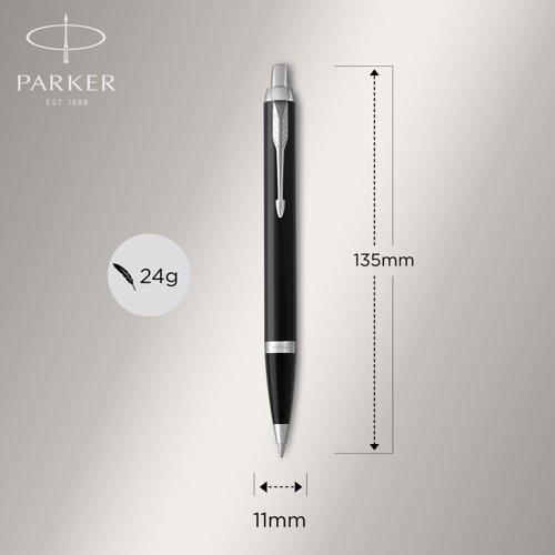 At once smart, polished and professional, the PARKER IM Ballpoint Pen is an ideal partner with unlimited potential. The sleek tapered shape pairs seamlessly with innovative designs to make a striking statement. Crafted with an intense black lacquer body accented in striking chrome trim, this PARKER pen makes a memorable gift. Retracting with a satisfying click, the ballpoint tip and Quinkflow ink ensure an exceptionally smooth and reliable writing experience. Every detail is refined to deliver a writing experience that is at once dependable and faithful to over 125 years of PARKER brand heritage.