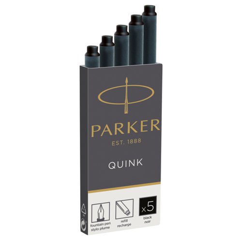 Parker Quink Long Ink Refill Cartridge for Fountain Pens Black (Pack 10) - 1950206 Newell Brands