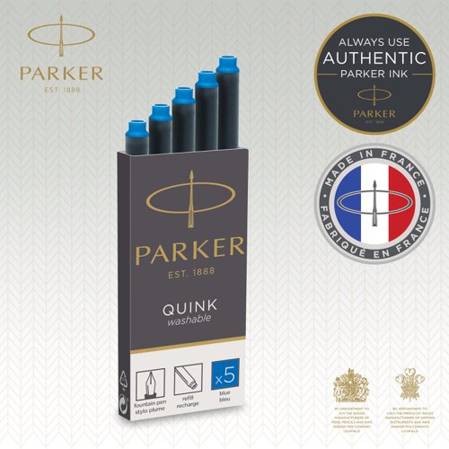 Enjoy a traditional fountain pen writing experience with the convenience of cartridge ink refills. Filled with smooth, rich and vivid blue fountain pen ink, the PARKER QUINK refills are designed for use with PARKER fountain pens. Enjoy the feeling of your pen gliding smoothly across the paper with high quality QUINK ink pen refills.
