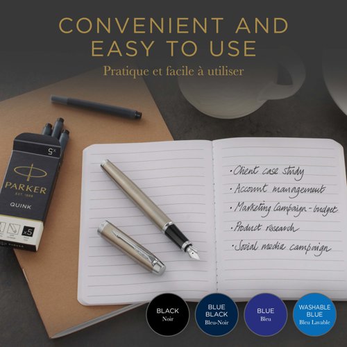 Enjoy a traditional fountain pen writing experience with the convenience of cartridge ink refills. Filled with smooth, rich and vivid washable blue fountain pen ink, the PARKER QUINK refills are designed for use with PARKER fountain pens. Enjoy the feeling of your pen gliding smoothly across the paper with high quality QUINK ink pen refills.