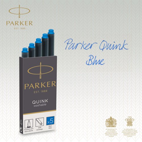 Enjoy a traditional fountain pen writing experience with the convenience of cartridge ink refills. Filled with smooth, rich and vivid washable blue fountain pen ink, the PARKER QUINK refills are designed for use with PARKER fountain pens. Enjoy the feeling of your pen gliding smoothly across the paper with high quality QUINK ink pen refills.