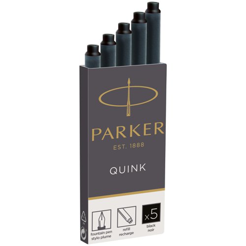 77116NR | Enjoy a traditional fountain pen writing experience with the convenience of cartridge ink refills. Filled with smooth, rich and vivid black fountain pen ink, the PARKER QUINK refills are designed for use with PARKER fountain pens. Enjoy the feeling of your pen gliding smoothly across the paper with high quality QUINK ink pen refills.