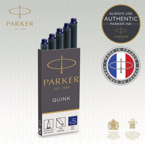 56568NR | Enjoy a traditional fountain pen writing experience with the convenience of cartridge ink refills. Filled with smooth, rich and vivid blue fountain pen ink, the PARKER QUINK refills are designed for use with PARKER fountain pens. Enjoy the feeling of your pen gliding smoothly across the paper with high quality QUINK ink pen refills.