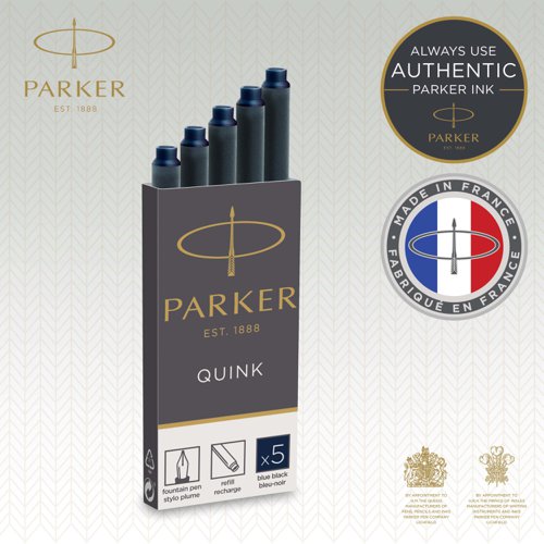56575NR | Enjoy a traditional fountain pen writing experience with the convenience of cartridge ink refills. Filled with smooth, rich and vivid blue-black fountain pen ink, the PARKER QUINK refills are designed for use with PARKER fountain pens. Enjoy the feeling of your pen gliding smoothly across the paper with high quality QUINK ink pen refills.