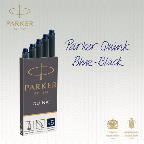 Enjoy a traditional fountain pen writing experience with the convenience of cartridge ink refills. Filled with smooth, rich and vivid blue-black fountain pen ink, the PARKER QUINK refills are designed for use with PARKER fountain pens. Enjoy the feeling of your pen gliding smoothly across the paper with high quality QUINK ink pen refills.