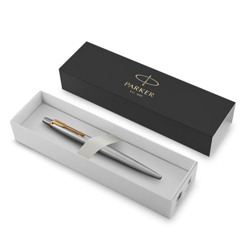 Slow down and appreciate the experience of expressing your thoughts and ideas on paper with the PARKER Jotter Stainless Steel ballpoint pen. A style icon for over 60 years, the Jotter has a fresh, streamlined design. It features a stainless steel barrel and cap, high-shine gold-finish trims, and an arrowhead clip. The Jotterâ€™s stunning details make it a refined gift for graduates, first-time job seekers, or anyone who appreciates the art of fine writing. This pen arrives packaged in an elegant gift box.