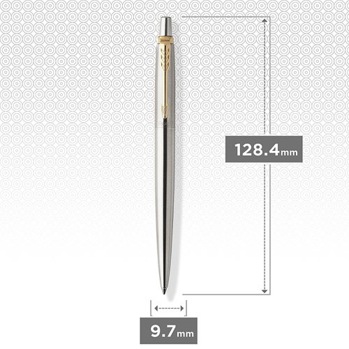 56596NR | Slow down and appreciate the experience of expressing your thoughts and ideas on paper with the PARKER Jotter Stainless Steel ballpoint pen. A style icon for over 60 years, the Jotter has a fresh, streamlined design. It features a stainless steel barrel and cap, high-shine gold-finish trims, and an arrowhead clip. The Jotterâ€™s stunning details make it a refined gift for graduates, first-time job seekers, or anyone who appreciates the art of fine writing. This pen arrives packaged in an elegant gift box.