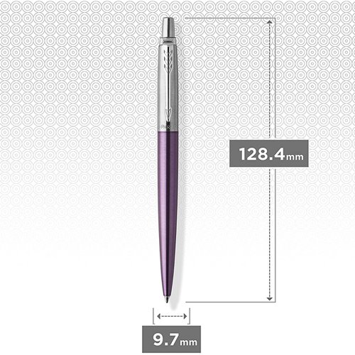 56638NR | Slow down and appreciate the experience of expressing your thoughts and ideas on paper with the PARKER Jotter Victoria Violet ballpoint pen. A style icon for over 60 years, the Jotter has a fresh, streamlined design. It features a stainless steel barrel in a lovely violet finish, linished stainless steel cap, high-shine trims, and an arrowhead clip. The Jotterâ€™s stunning details make it a refined gift for graduates, first-time job seekers, or anyone who appreciates the art of fine writing. This Jotter pen's name is inspired by the city of London. It arrives packaged in an elegant gift box.