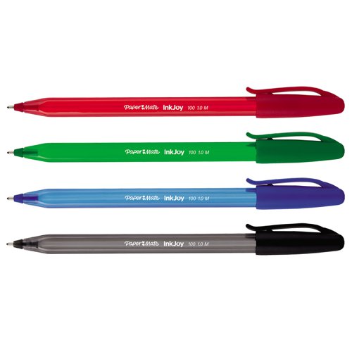 Paper Mate InkJoy 100 ballpoint pens have a smooth, fast-starting writing system that spreads ink easily. Even work or school is fun when you can enjoy brilliant colour and ink that flows freely. Brighten up every page and make writing more exciting with Paper Mate InkJoy ballpoint pens. Pack of 4 pens, 1 each of red, green, blue and black.