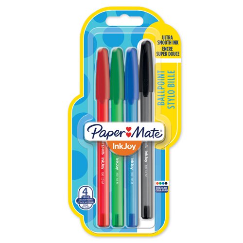 Paper Mate InkJoy 100 ballpoint pens have a smooth, fast-starting writing system that spreads ink easily. Even work or school is fun when you can enjoy brilliant colour and ink that flows freely. Brighten up every page and make writing more exciting with Paper Mate InkJoy ballpoint pens. Pack of 4 pens, 1 each of red, green, blue and black.