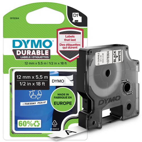 Dymo Durable Labels D1 Tape Temperature UV and Water Resistant 12mmx5.5M White Ref 1978364
