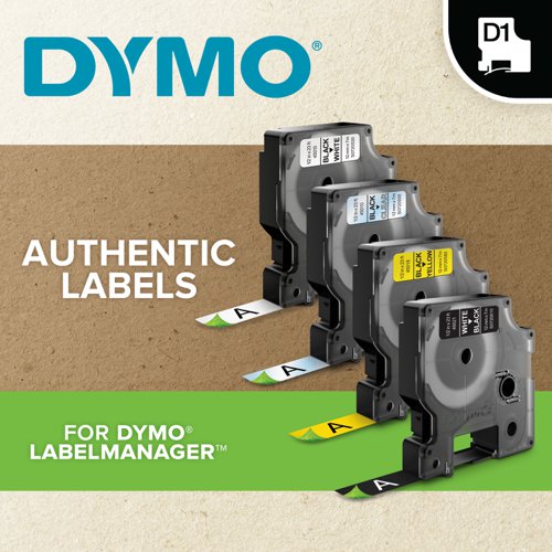 With black text on a white background, this Dymo D1 standard tape is ideal for labelling stationery, equipment, files, folders and more. Made from strong polyester, the tape features a strong self-adhesive backing that is suitable for almost all surfaces. Compatible with Dymo LabelManager models, the cassette slots in with ease. The tape is 12mm wide and comes supplied on a 5.5 metre roll.