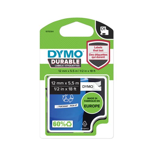 Dymo Durable Labels D1 Tape Temperature UV and Water Resistant 12mmx5.5M White Ref 1978364 166543 Buy online at Office 5Star or contact us Tel 01594 810081 for assistance