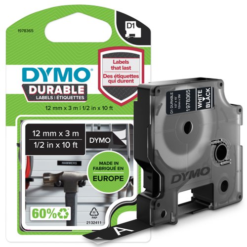 Dymo D1 Durable Tape Cartridge 12mm x 3m White on Black 1978365