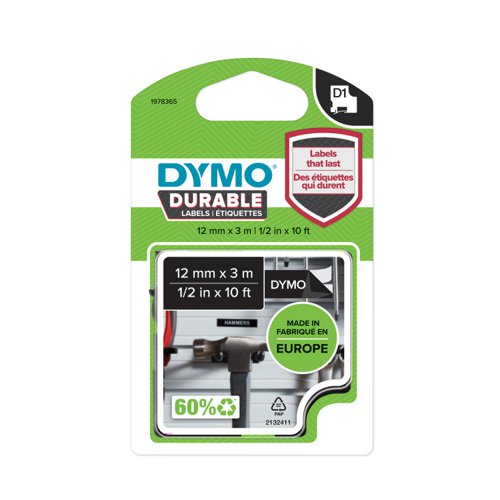 Tackle challenging labeling tasks and surfaces with labels that last longer than standard labels: DYMO D1 Durable Labels. Featuring professional-grade adhesive, this heavy-duty labeling tape resists fading, peeling and decay from moisture, high heat, freezing temperatures and household cleaners. Sticking strongly to a wide range of surfaces, these adhesive labels are perfect for garages, workshops, utility closets, kitchens and other spots that demand durability. Whatâ€™s more, these indoor/outdoor labels are built with tear-resistant material and use thermal-transfer printing technology that prints labels with text that wonâ€™t smear. For labels that last, try DYMO D1 Durable adhesive labels.