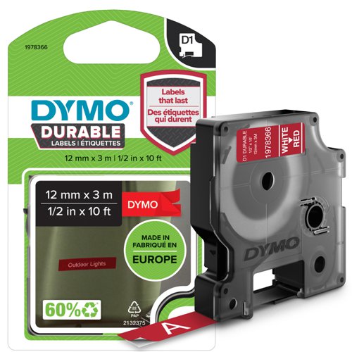 Dymo D1 Label Tape Durable 12mmx3m White on Red - 1978366 55931NR Buy online at Office 5Star or contact us Tel 01594 810081 for assistance