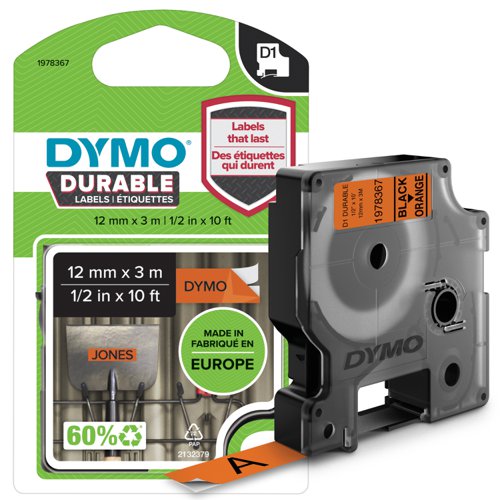 Dymo 1978367 D1 Durable 12mm x 3M Tape Black on Orange | 27494J | Newell Brands