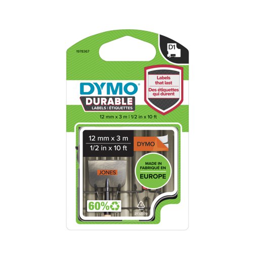 Dymo 1978367 D1 Durable 12mm x 3M Tape Black on Orange | 27494J | Newell Brands