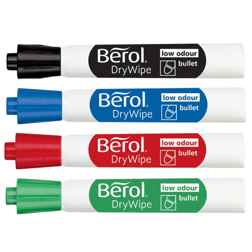 Berol Dry Wipe whiteboard markers feature low-odour ink, making them perfect for sharing thoughts and ideas in offices, classrooms and the home. This classroom pack of Black whiteboard pens have a bullet tip that draws a bold, rounded line, writes smoothly at any angle and is easy to read from a distance, plus the large barrel provides a comfortable grip, whatever the task. When not in use, the clever cap and barrel design allows for horizontal stacking.