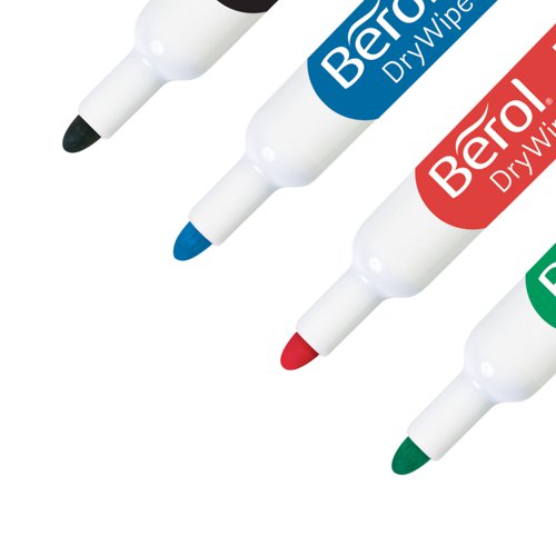 603991 | Berol Dry Wipe whiteboard markers feature low-odour ink, making them perfect for sharing thoughts and ideas in offices, classrooms and the home. This classroom pack of Black whiteboard pens have a bullet tip that draws a bold, rounded line, writes smoothly at any angle and is easy to read from a distance, plus the large barrel provides a comfortable grip, whatever the task. When not in use, the clever cap and barrel design allows for horizontal stacking.