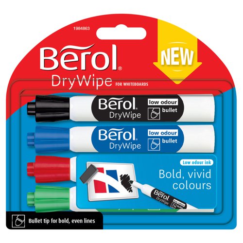 603991 Berol Dry Wipe Marker Round Assorted Pack Of 4 3P