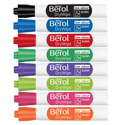 BR84865 | The Berol washable drywipe range has been specially formulated for use on childrens' whiteboards and will wash easily from clothes and most other fabrics. Bullet tip for bold, even lines. Line width 2mm. This assorted pack contains 8 markers in black, blue, red, green, purple, lime, pink and orange.