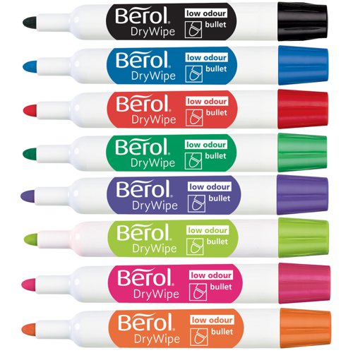 The Berol washable drywipe range has been specially formulated for use on childrens' whiteboards and will wash easily from clothes and most other fabrics. Bullet tip for bold, even lines. Line width 2mm. This assorted pack contains 8 markers in black, blue, red, green, purple, lime, pink and orange.