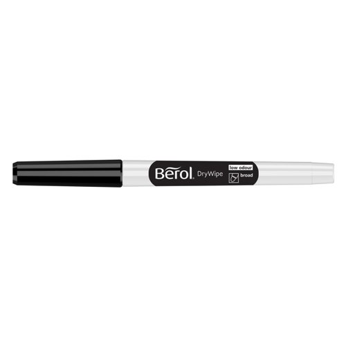 The Berol washable drywipe range marker pens are formulated for use on most leading brands of non-absorbent drywipe boards. Tough, broad nibs make these ideal for the rigours of academic use. Low odour ink. Ventilated cap for safety. Line width 1.6mm. This pack contains 192 black markers.