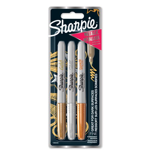 Sharpie Permanent Marker Fine Tip 0.9mm Line Assorted Metallic Colours (Pack 3) - 1986006