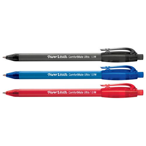 Enjoy a comfortable and effortless writing experience with the Paper Mate ComfortMate Ultra Retractable Ballpoint Pen. With its triangular barrel and full-length rubberised grip, this pen fits naturally in your hand and provides added comfort and control while you write.The convenient retractable design deploys and retracts the tip with a simple click, while a handy plastic clip allows you to fasten the pen to a pocket planner or notebook for easy storage and transportation. Ideal for home, office, and school use, this retractable pen features a versatile 1.0mm medium point that handles a wide variety of writing tasks. And thanks to its Lubriglide ink system, the pen lets you enjoy a pleasant writing experience.