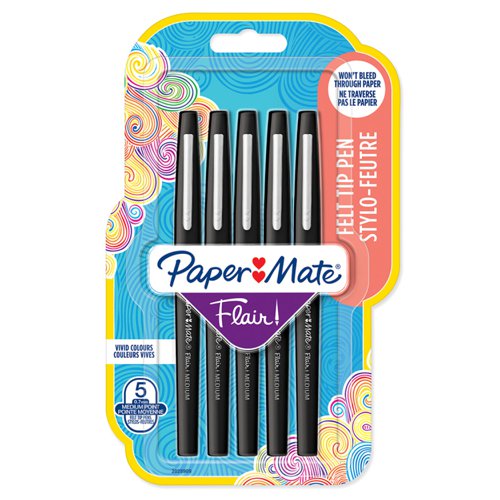 Paper Mate Flair Fibre Tip Pen Medium Point 0.7mm Black (Pack 5) 2028909 Newell Brands