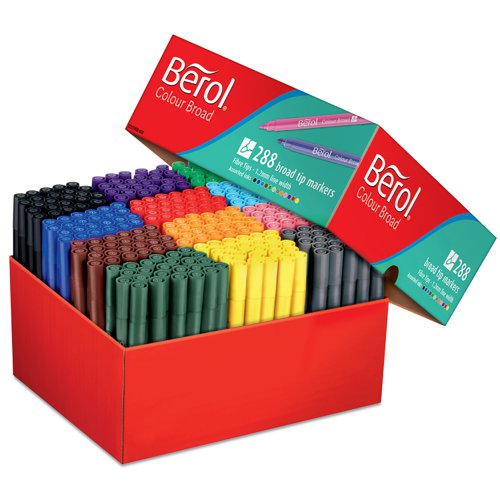 BR31760 | This set of Berol Colour Broad felt tip pens are filled with vivid, washable ink for endless colouring and writing fun. The broad felt tip is hardwearing and bold to help children with a wide range of drawing and writing activities. The cap can also be left off for at least 14 days without drying out. This pack of 288 pens, in 12 assorted colours is ideal for use in academic settings.