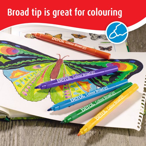 This set of Berol Colour Broad felt tip pens are filled with vivid, washable ink for endless colouring and writing fun. The broad felt tip is hardwearing and bold to help children with a wide range of drawing and writing activities. The cap can also be left off for at least 14 days without drying out. This pack of 288 pens, in 12 assorted colours is ideal for use in academic settings.