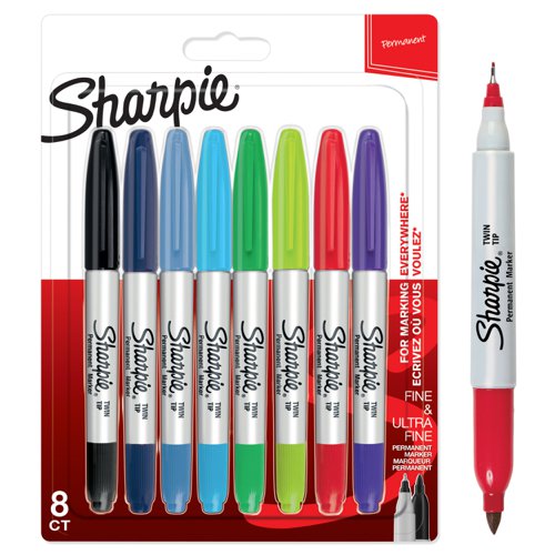 Sharpie Twin Tip Permanent Marker 0.5mm and 0.7mm Line Assorted Colours (Pack 8) - 2065409