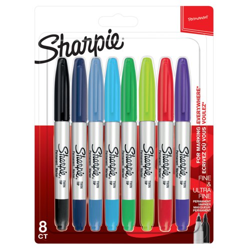 This Sharpie Twin Tip Permanent Marker is suitable for use on most hard surfaces. The unique design features a standard, durable, fibre tip on one end for bold marking and a ultra-fine tip on the other for more detailed work. The ink is fade resistant for long lasting clarity. This pack contains 8 pens in assorted colours with both a 0.9mm and a 0.5mm line width.