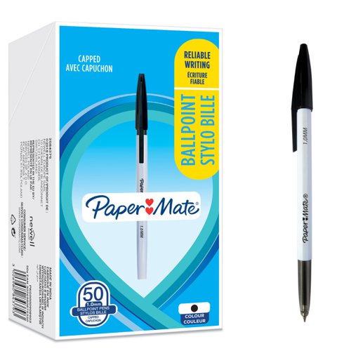 Paper Mate 2084379 Ball Point Stick Capped Pen Black Box of 50