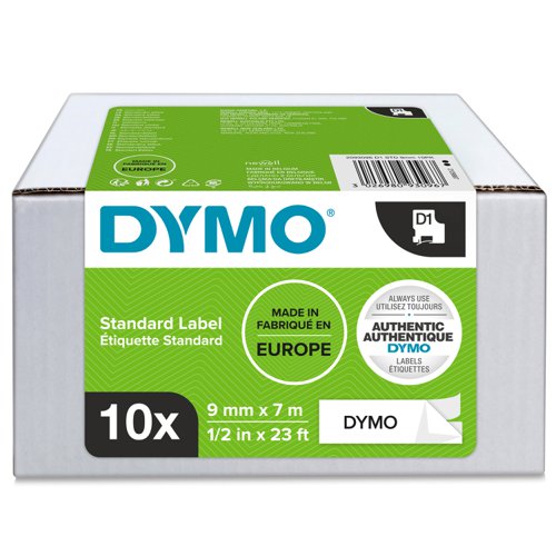 Dymo D1 Label Tape 9mmx7m Black on White (Pack 10) - 2093096
