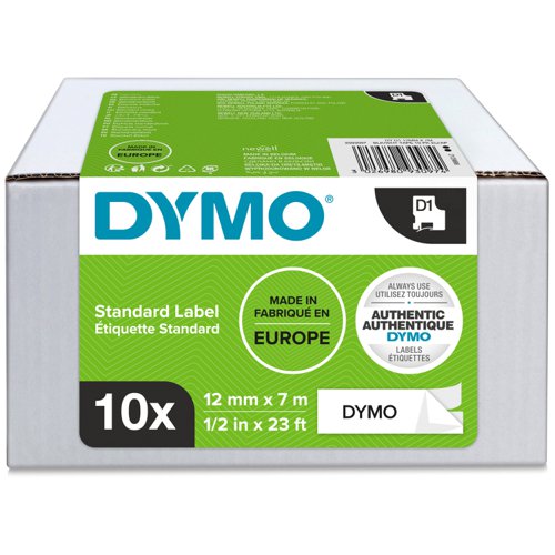 Dymo 45013 D1 12mm x 7m Black on White Tape Pack of 10 30399J