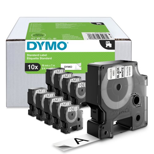 Dymo 45803 D1 19mm x 7m Black on White Tape 10 Pack
