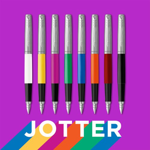 Jotter Originals, the original design icon capturing thoughts and inspiring new ideas since 1954. The range of Parker fountain pens combine Jotter's distinctive silhouette and arrow clip with a retro colour palette that pays tribute to over 60 years of writing excellence. A vibrant addition to the Jotter family and perfect for on-the-go writing, Parker Jotter Originals brings a retro flair to every stroke of the pen.