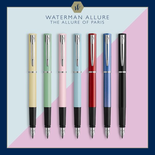 11228NR | The Waterman Allure Fountain Pen has a contemporary, stylish design that's perfect for students and professionals. The durable engraved nib and smooth-flowing ink ensures a consistent and personalised writing experience. With a French-influenced bold yet elegant pastel finish, the Waterman pen makes for a strong first step into the fine writing world. Based on a classic Waterman  design, the Allureâ€™s smooth metal body and range of modern trims provide a premium look and feel that's sure to impress, whether in a classroom or the boardroom.