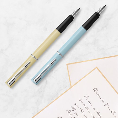 11235NR | The Waterman Allure Fountain Pen has a contemporary, stylish design that's perfect for students and professionals. The durable engraved nib and smooth-flowing ink ensures a consistent and personalised writing experience. With a French-influenced bold yet elegant pastel finish, the Waterman pen makes for a strong first step into the fine writing world. Based on a classic Waterman  design, the Allureâ€™s smooth metal body and range of modern trims provide a premium look and feel that's sure to impress, whether in a classroom or the boardroom.