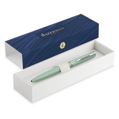 The Waterman Allure Ballpoint Pen has a contemporary, stylish design that's perfect for students and professionals. The reliable medium ball point and smooth-flowing ink ensure a consistent and personalised writing experience. With a French-influenced bold yet elegant pastel finish, the Waterman pen makes for a strong first step into the fine writing world. Based on a classic Waterman design, the Allureâ€™s smooth metal body and range of modern trims provide a premium look and feel that's sure to impress, whether in a classroom or the boardroom.