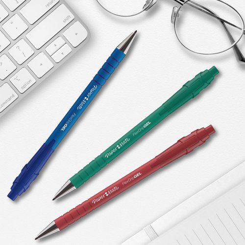 The Paper Mate FlexGrip Retractable Gel Pen delivers smooth, comfortable writing in a sleek and convenient design, with bright gel ink that ensures your words are perfectly captured in every note and to-do list. Featuring a rubberised barrel and a textured grip, this retractable pen provides exceptional comfort and control, even during extended writing sessions. The retractable design deploys and retracts the tip with a simple click, while the metal nosecone provides a premium look and feel. Ideal for home, office, and school use, this pen features a versatile 0.7 mm medium point that handles a wide variety of writing tasks. A handy clip allows you to fasten the pen to a pocket planner or notebook for easy storage and transportation. Available in blue, blue, red, and green ink colours. Paper Mate pens - the reliable everyday writing companion you can count on.