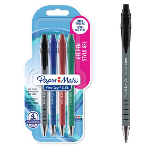 Paper Mate Flexgrip Gel Rollerball Pen 0.7mm Line Black/Blue/Green/Red (Pack 4) - 2108216