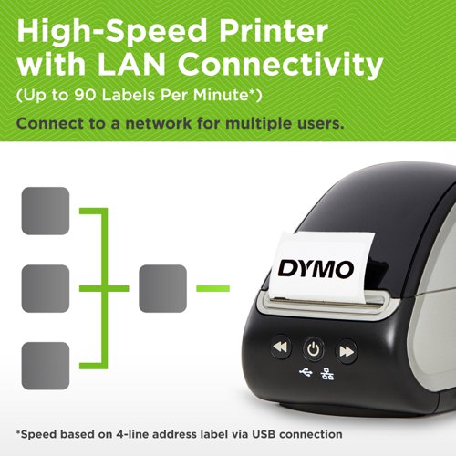The Dymo LabelWriter 550 Turbo with direct thermal printing technology elimiates the need for ink or toner. Create and customize 60+ label types through USB connection or connect to a network through LAN connection with free Dymo Connect for desktop software. Printing up to 90 labels per minute, you can also print crystal clear barcodes, text, graphics and more with 300 dpi resolution. The Dymo LabelWriter 550 Turbo automatically recognises and displays label size and number of labels remaining for easy, stress-free printing. Compatible with Windows 8 or later and Mac OS X v10.14 or later.