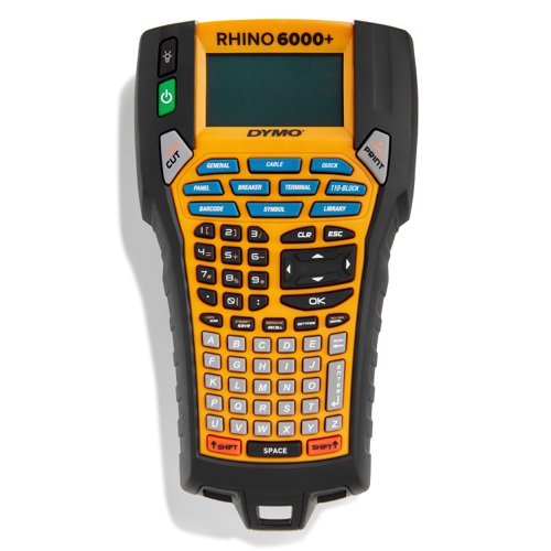 28729NR | Bring the tough, portable Rhino™ 6000+ Industrial Label Maker to any jobsite â€“ itâ€™s packed with time-saving shortcuts for labeling any installation quickly and professionally. Connect this DYMO® label maker to your PC and use DYMO ID software* to create labels on your computer and print them with your labeler for even faster labeling on-site. The Rhino 6000+ meets key ANSI and TIA/EIA-606-B industry labeling standards. Its proprietary, one-touch â€œHot Keysâ€ automatically format label text for electrical and patch panels, terminal and 110 blocks, wire and cable flags, horizontal and vertical warps, as well as vertical and fixed-length applications. *Works with 32- and 64-bit Windows® 7 or later.  Microsoft and Windows are either registered trademarks or trademarks of Microsoft Corporation in the United States and/or other countries.