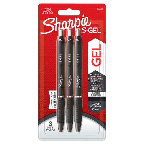 GL65980 | Containing black gel ink that is resistant to bleeding or smearing, the Sharpie S Gel pen features a medium 0.7mm tip which writes a 0.35mm line width. The retractable design and ergonomic barrel with a contour grip in soft rubber, makes them perfect for general use in school, at work or at home. Supplied in a blister pack of three black pens.