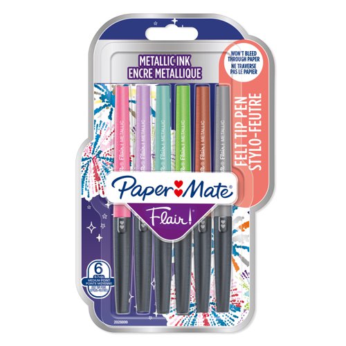 Paper Mate Metallic Felt Tip Pen Medium 0.7mm Tip Assorted Colours (Pack 6) 2137361