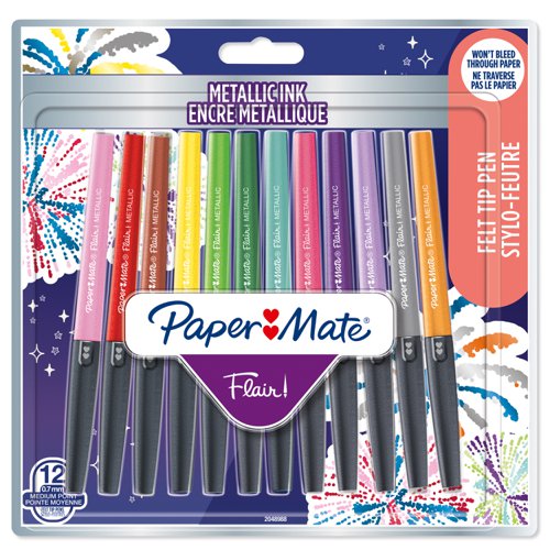 Paper Mate Metallic Felt Tip Pen Medium 0.7mm Tip Assorted Colours (Pack 12) 2137362